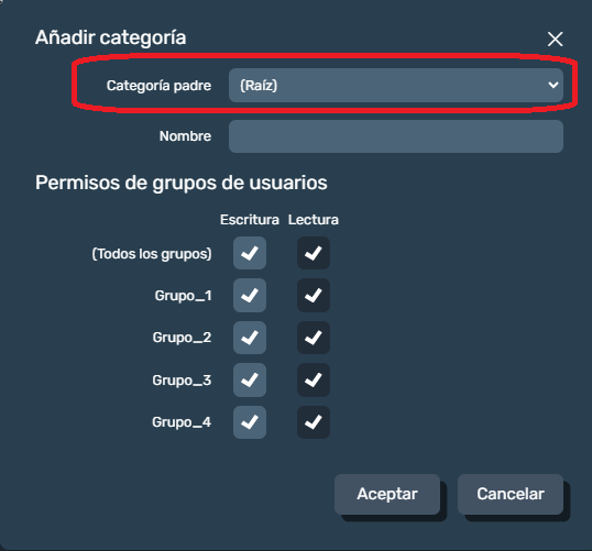 Añadir categoría padre en interfaz gráfica de Dragsa