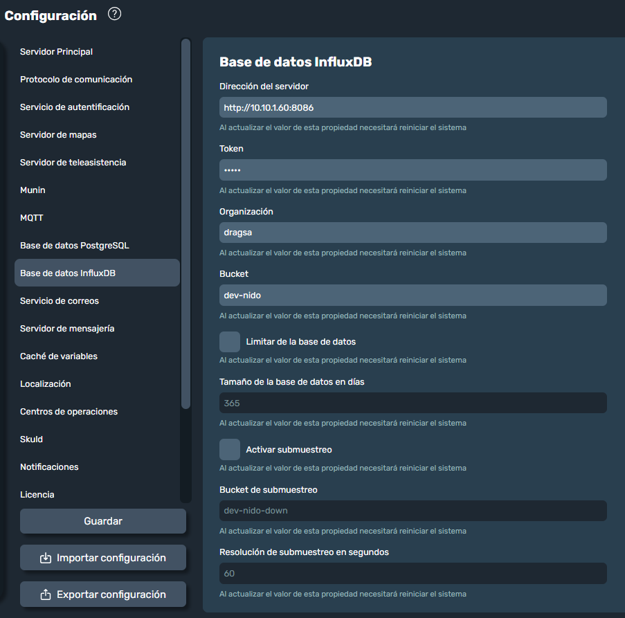 Base de datos de influxDB en la interfaz gráfica de Dragsa