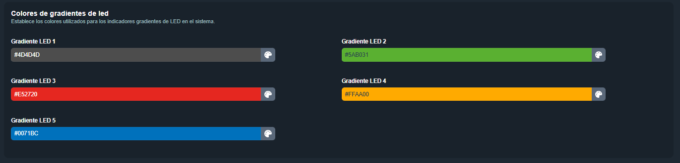 Sección Colores de gradientes de LED en el editor de apariencias