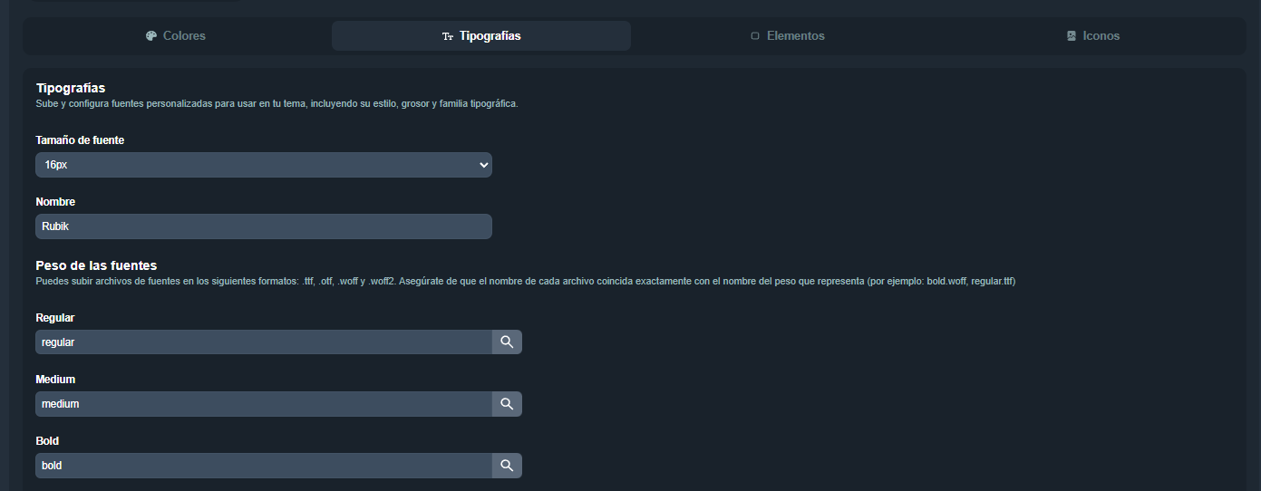 Sección Tipografías en el editor de apariencias