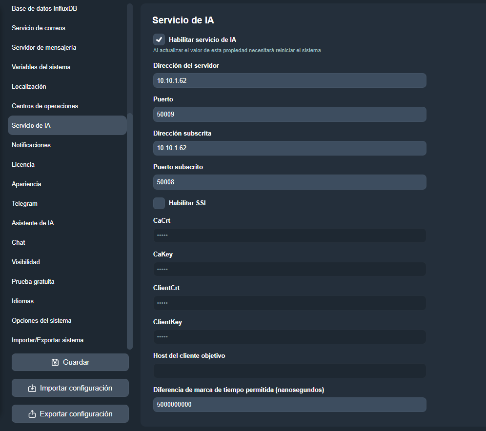 Pestaña Servicio de IA en el módulo Configuración del sistema