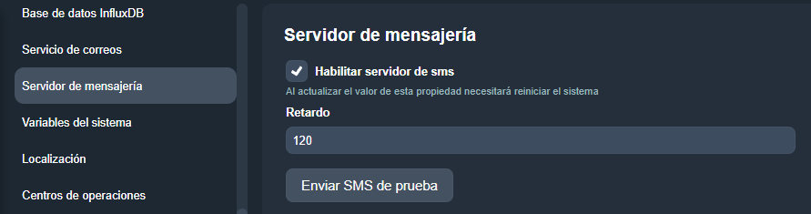 Pestaña Servidor de mensajería en el módulo Configuración del sistema