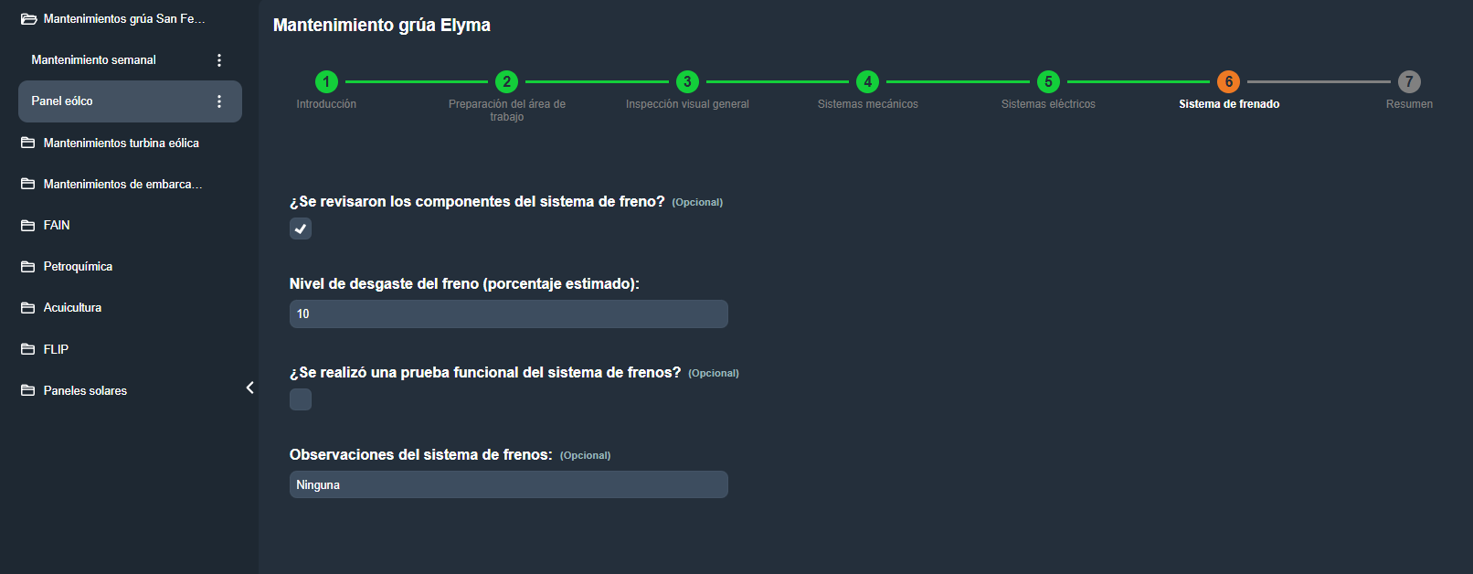 Paso Sistema de frenado con comprobaciones, porcentaje de desgaste y observaciones
