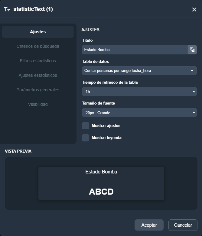 Vista de la pestaña Ajustes del elemento indicador texto estadístico en el módulo paneles de Dragsa
