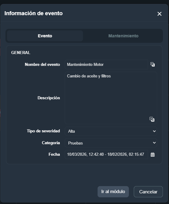 Ventana información de evento en el módulo Gestión de mantenimiento