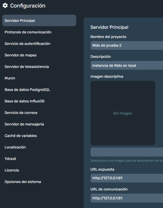 Opciones del módulo de configuración de interfaz visual de Dragsa