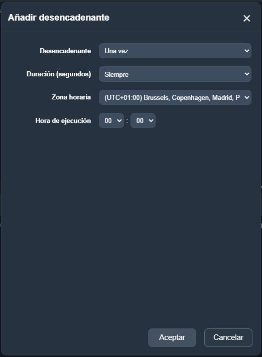 Modal Añadir desencadenante con sus opciones de configuración