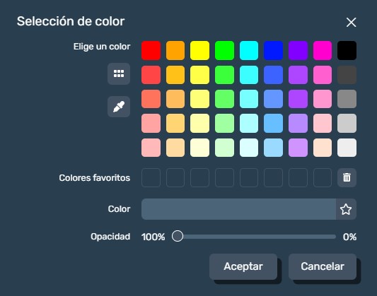 Panel con paleta de colores en modo diseño de paneles en Dragsa
