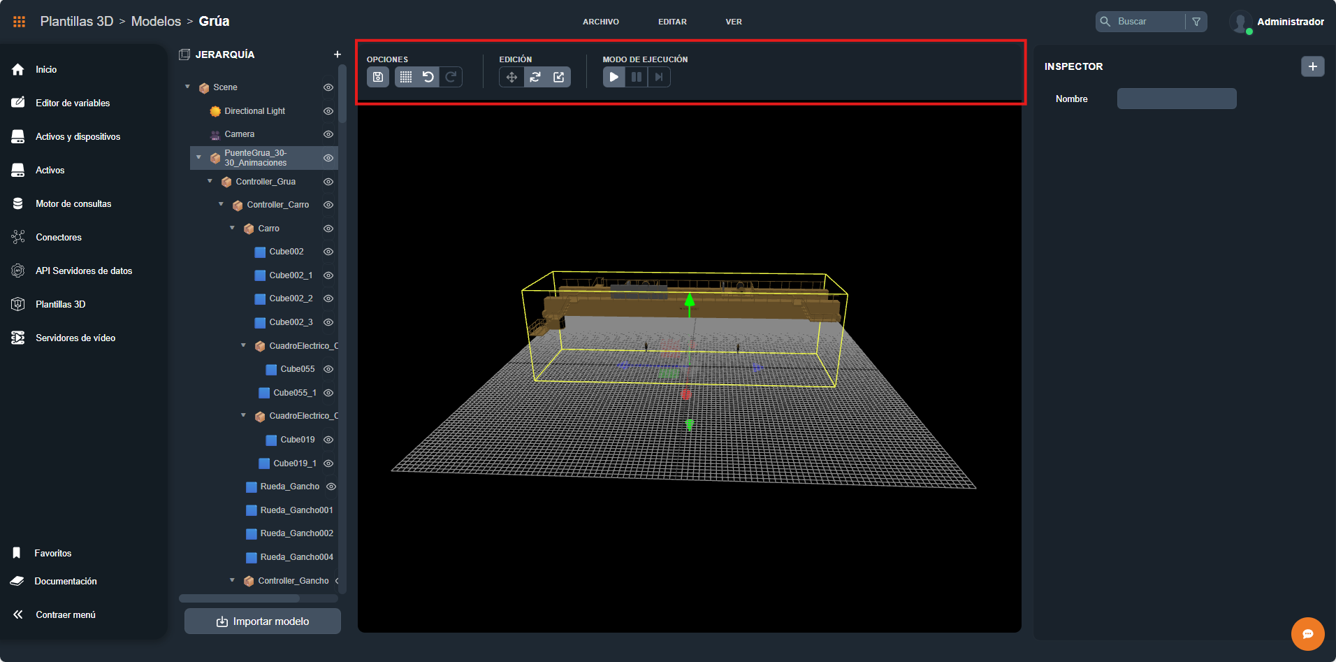 Barras de herramientas del editor 3D: Opciones, Edición y Modo de ejecución