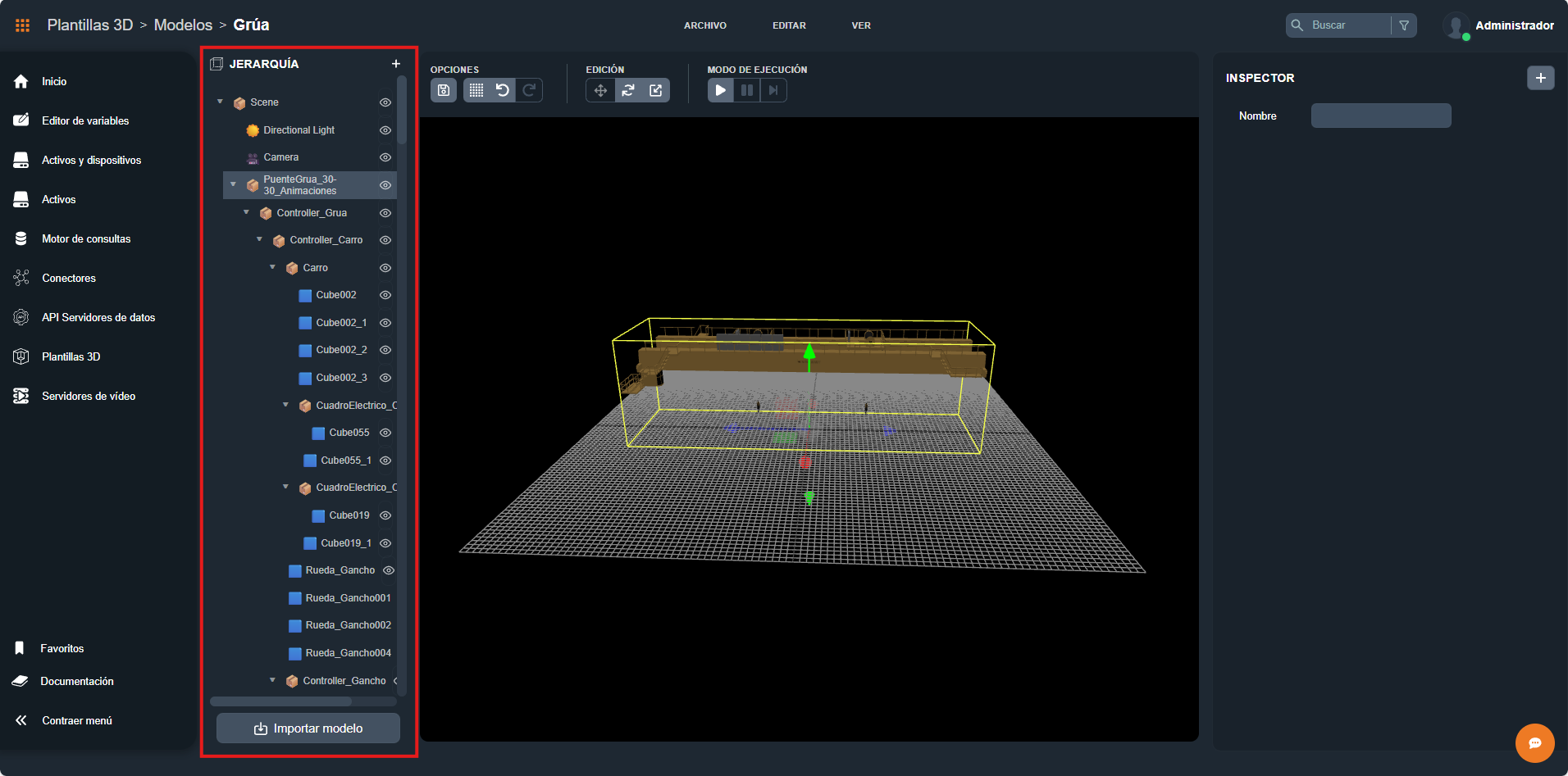 Panel Jerarquía en el editor 3D