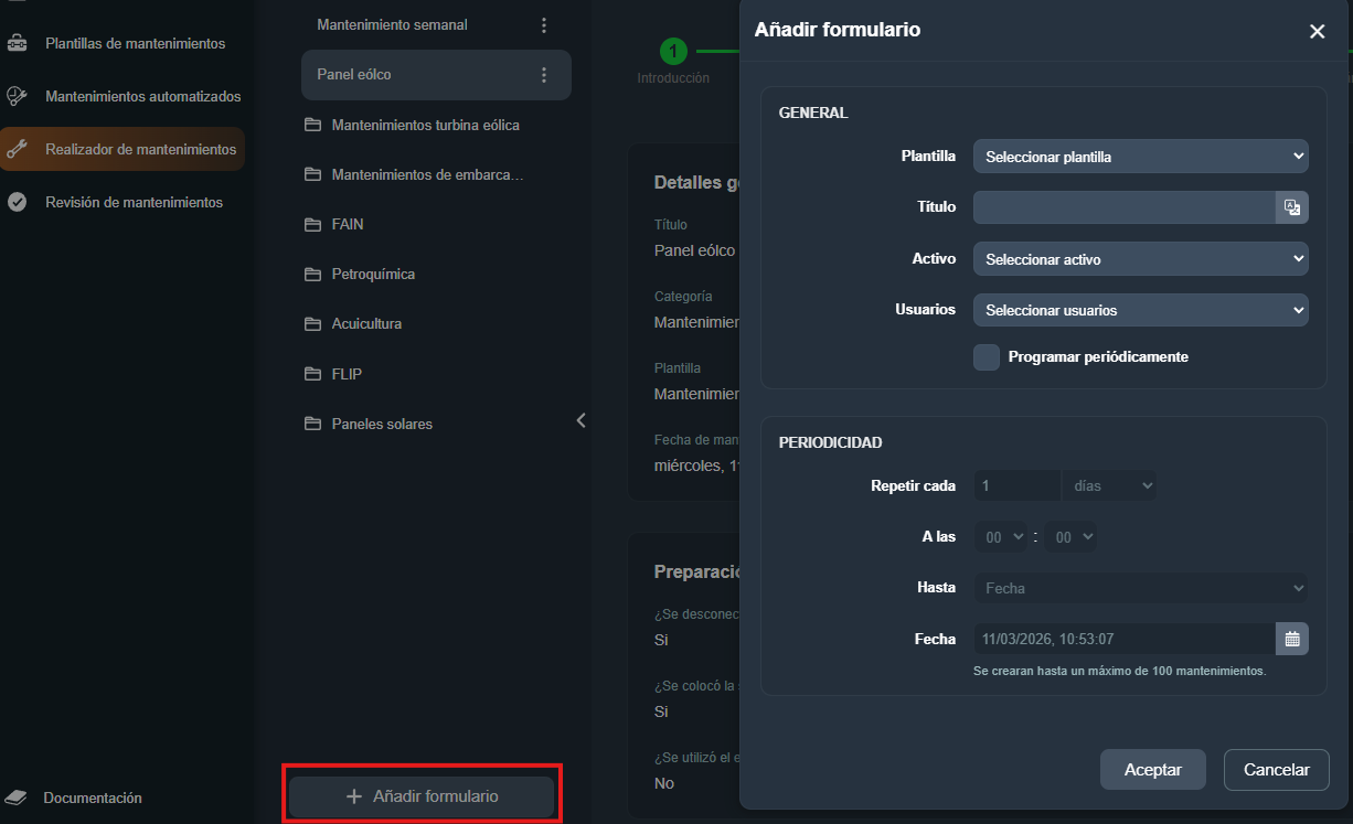 Modal Añadir formulario con campos de plantilla, título, activo, usuarios y periodicidad
