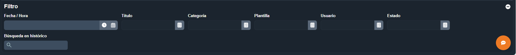 Panel de filtros del histórico de revisiones en el módulo Revisión de mantenimientos